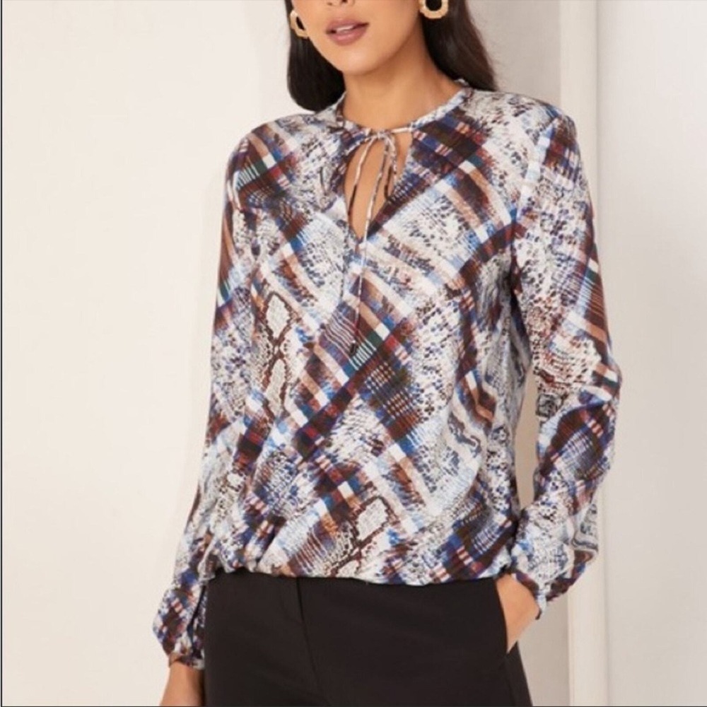 NEW TED‎ BAKER US 00 Lyzaa Quartz Printed Neck Tie Crossover Blouse Ted0